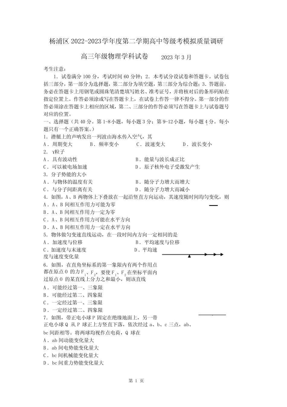 杨浦区2022-2023学年度第二学期高三二模物理试卷及答案 _第1页