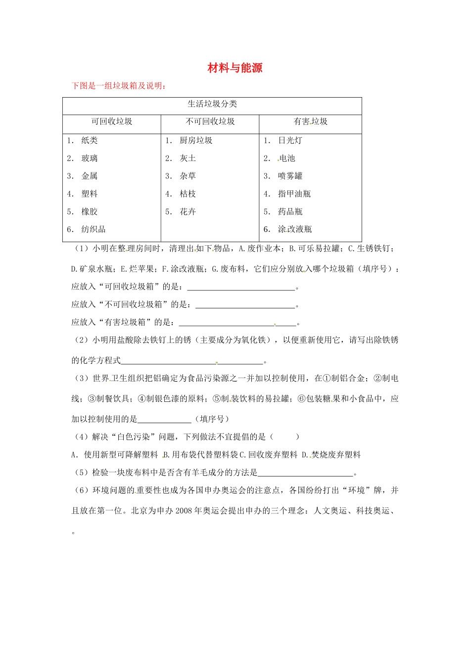 中考化学热点小题 材料与能源_第1页
