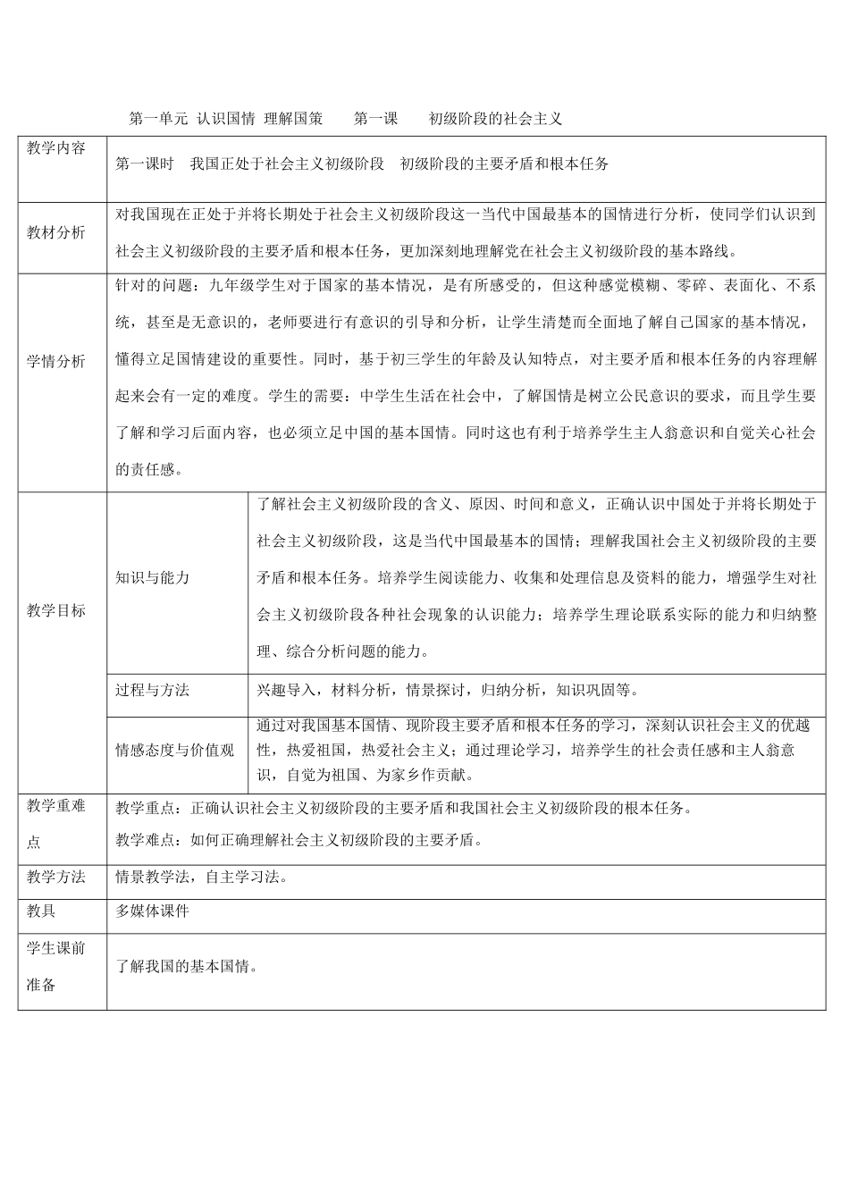 九年级政治 1.1初级阶段的社会主义第一课时教学设计 粤教版教材_第1页