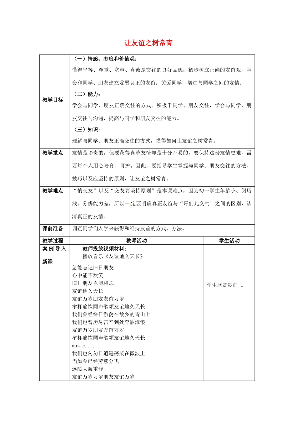 七年级思想品德上册 让友谊之树常青教学设计1 鲁教版教材_第1页
