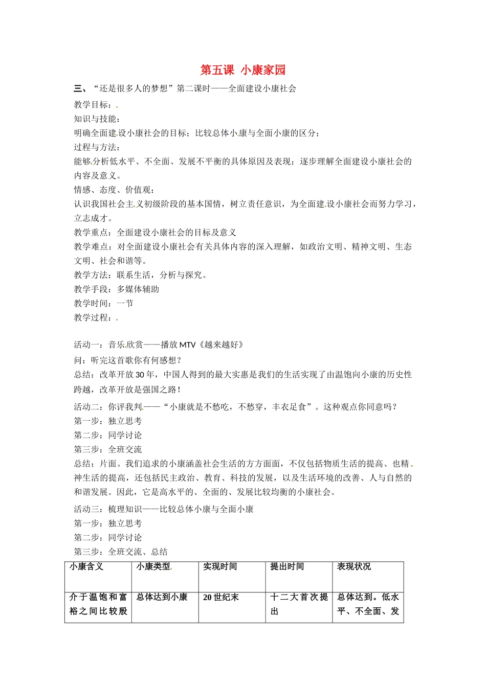 七年级政治下册 22 小康家园（教学设计）人民版教材_第1页