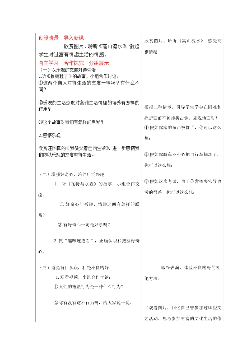 山东省临沂市蒙阴县第四中学七年级政治上册 第三单元 过富有情趣的生活教学设计 鲁教版教材_第2页