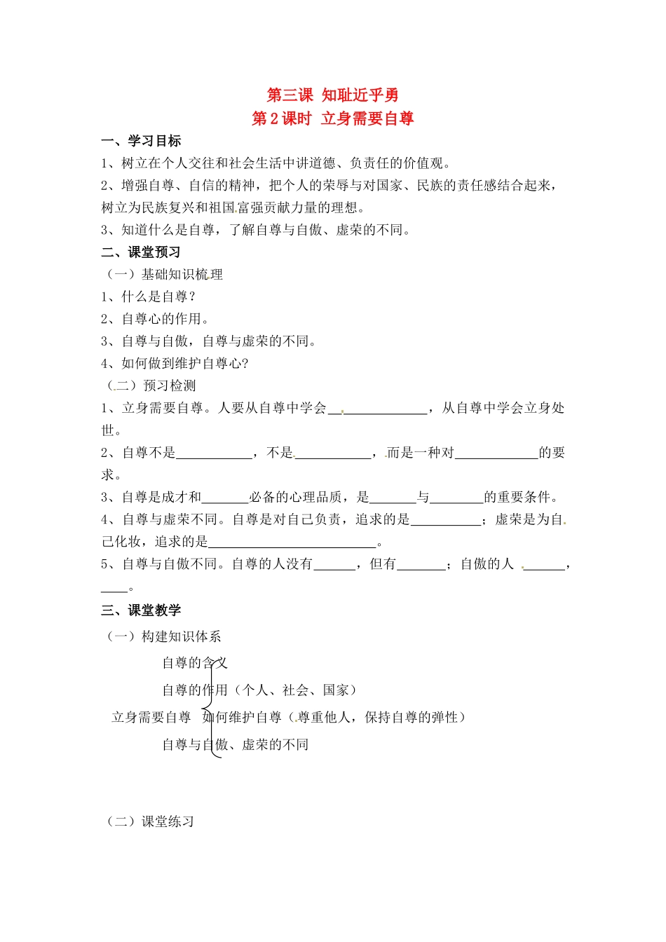 七年级思想品德上册 第三课 2课时立身需自尊教学设计 人教新课标版教材_第1页