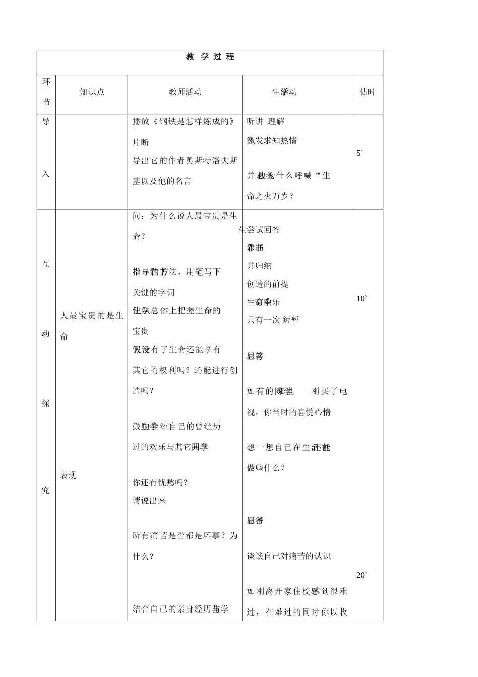 七年级思品上册 2生命属于我们只有一次同步教学设计 鲁教版教材_第2页
