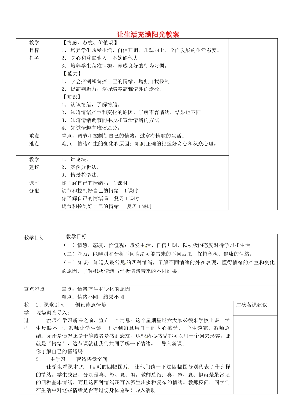 山东省临淄外国语实验学校七年级政治下册 让生活充满阳光教学设计 鲁教版教材_第1页
