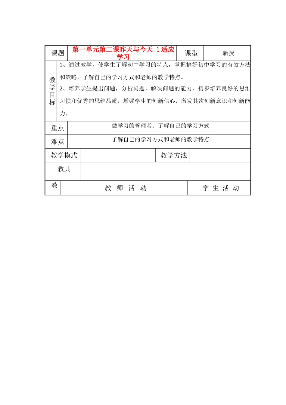 七年级政治 第二课昨天与今天教学设计 教科版教材_第1页