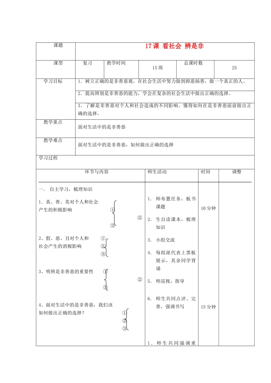 七年级政治下册 看社会 辨是非复习教学设计 鲁教版教材_第1页