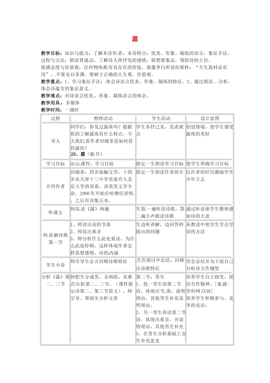 七年级语文上册 第28课《露》教学设计 冀教版教材_第1页