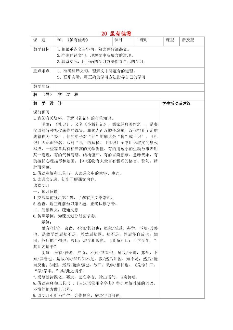 七年级语文上册 20 虽有佳肴教学设计 （新版教材）新人教版教材_第1页