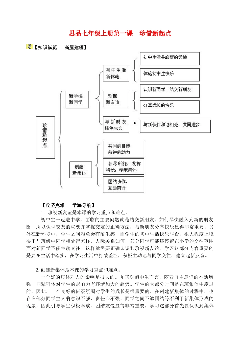 七年级政治第一单元 笑迎新生活 第一课 珍惜新起点教学设计人教版教材_第1页