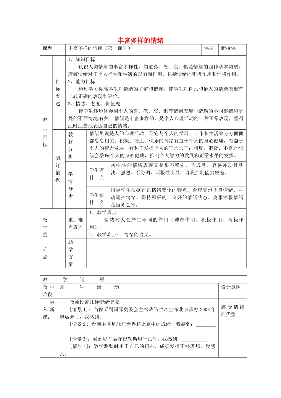 七年级政治上册 第六课 做情绪的主人 丰富多样的情绪教学设计 新人教版教材-新人教版教材初中七年级上册政治教学设计_第1页