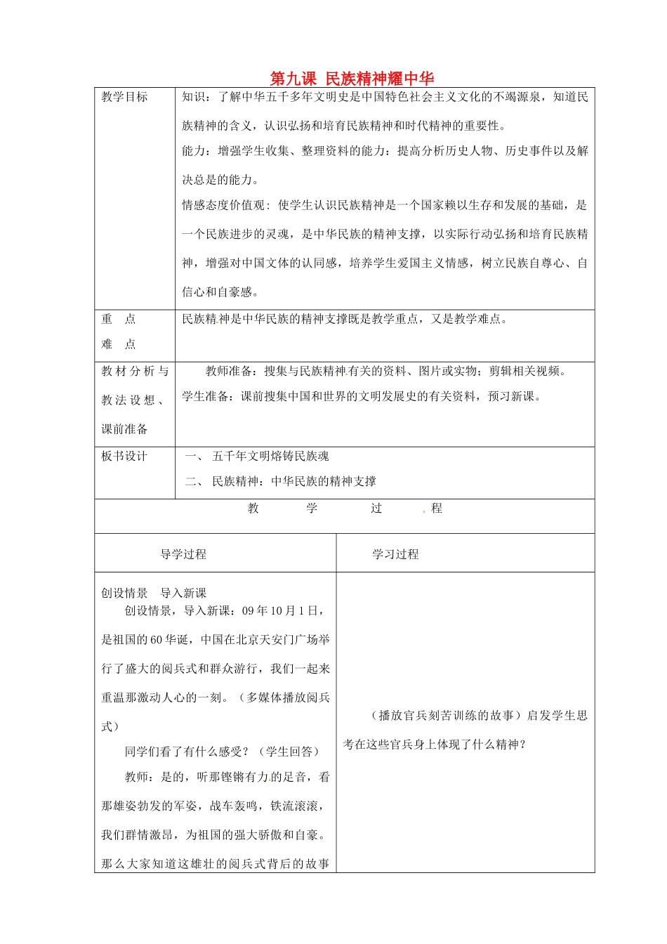 山东省临沂市蒙阴县第四中学九年级政治全册 第九课 民族精神耀中华教学设计 鲁教版教材_第1页
