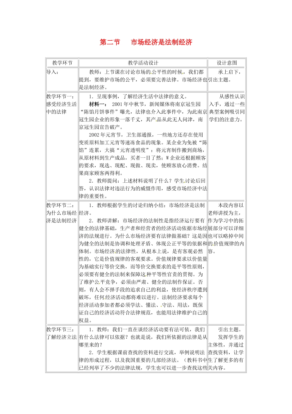 四川省宜宾县复龙初级中学八年级政治下册 第二节 市场经济是法制经济教学设计 教科版教材_第1页
