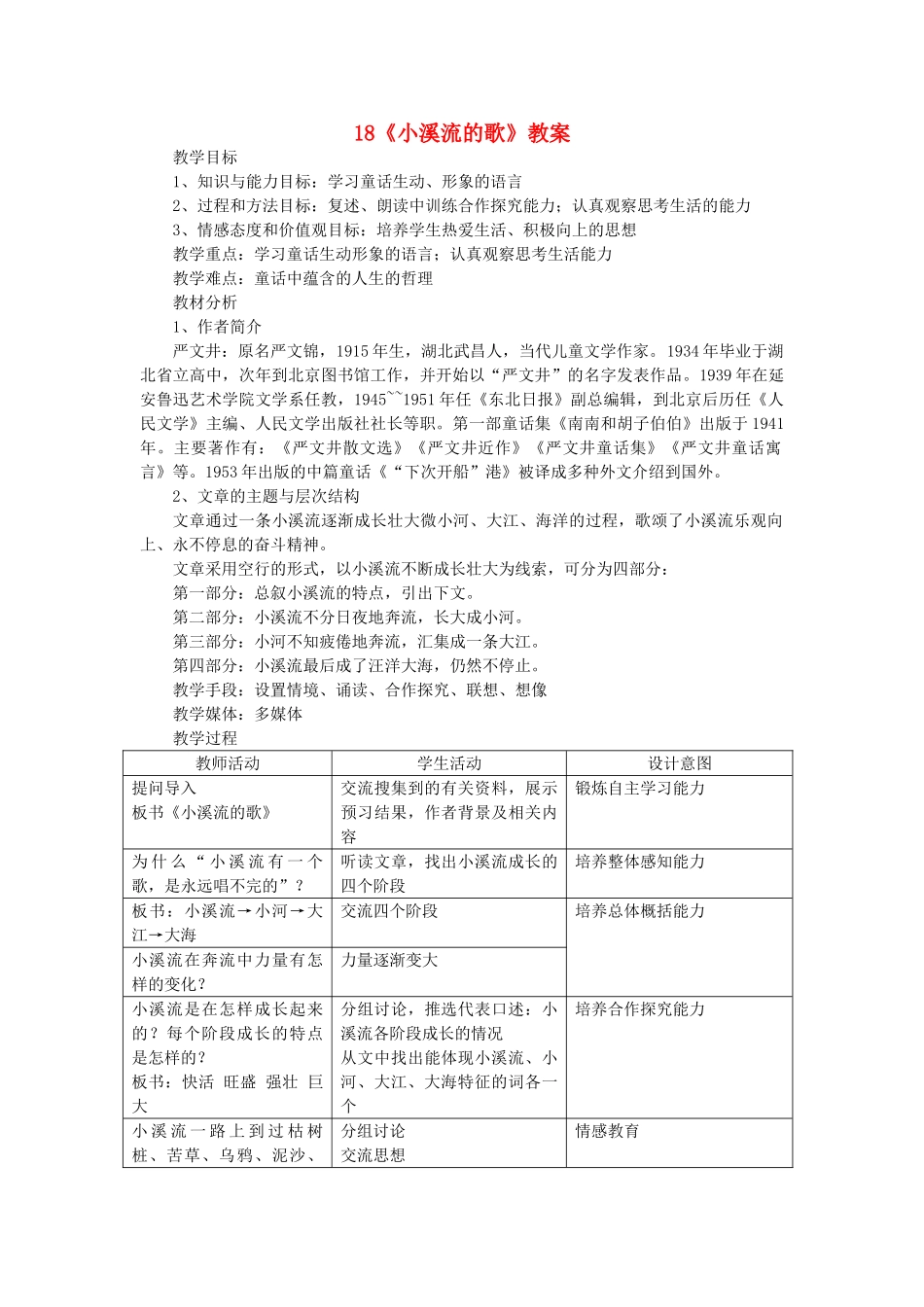 七年级语文上册 第18课《小溪流的歌》教学设计1 语文版教材_第1页