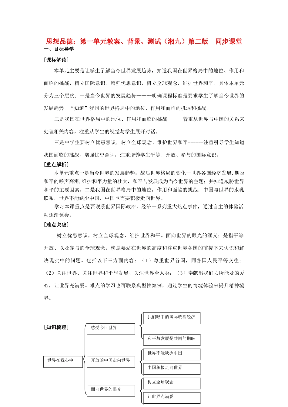 九年级政治 第一单元教学设计、背景、测试 湘教版教材_第1页