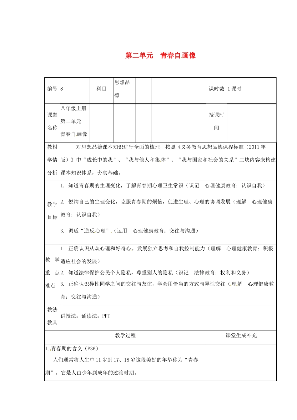 云南省涧彝族自治县中考政治第一轮复习 课题8 八上 第二单元 青春自画像教学设计-人教版教材初中九年级全册政治教学设计_第1页
