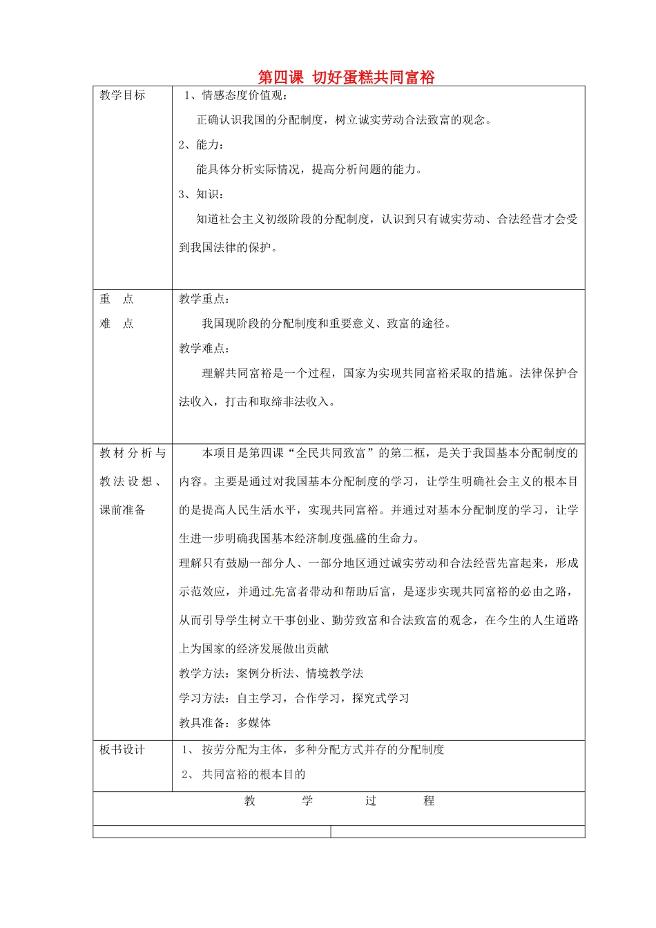 山东省临沂市蒙阴县第四中学九年级政治全册 第四课 切好蛋糕共同富裕教学设计 鲁教版教材_第1页