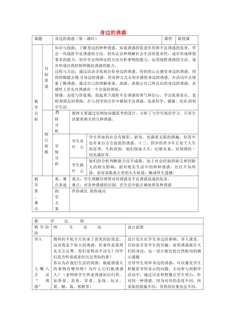 七年级政治上册 第八课 身边的诱惑 身边的诱惑教学设计 新人教版教材-新人教版教材初中七年级上册政治教学设计_第1页
