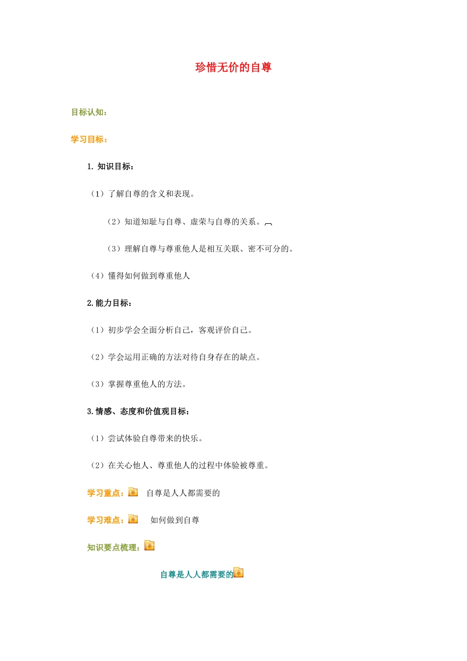 七年级政治下册 珍惜无价的自尊最终教学设计 人教新课标版教材_第1页
