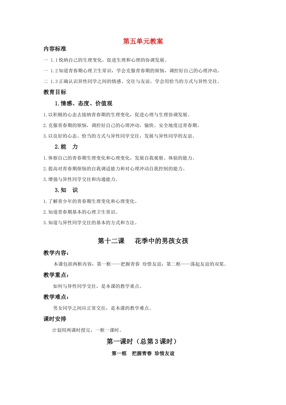 七年级政治下册---12课花季中的男孩女孩教学设计鲁教版教材_第1页