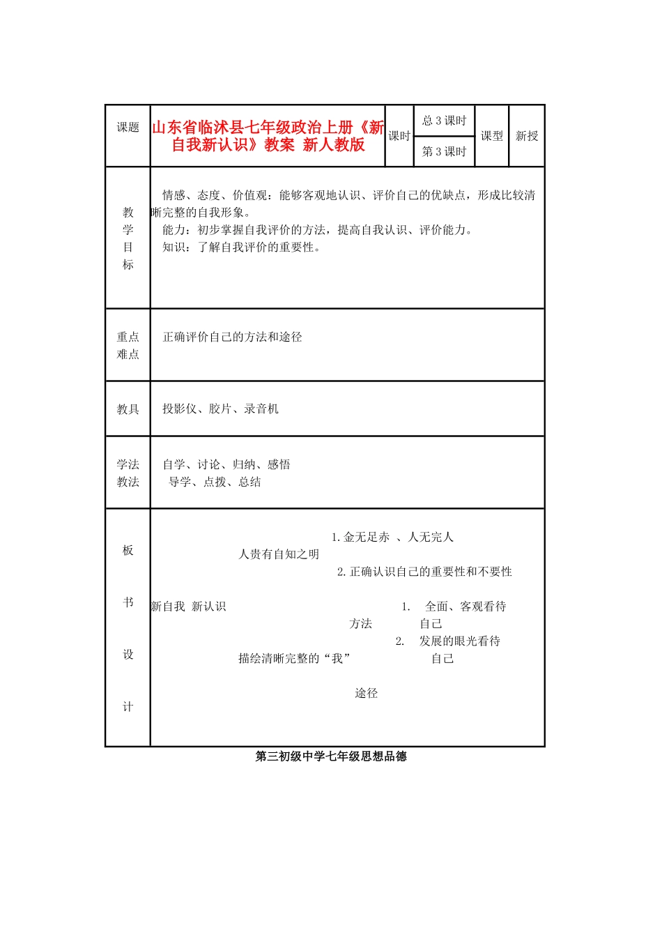 山东省临沭县七年级政治上册《新自我新认识》教学设计 新人教版教材_第1页