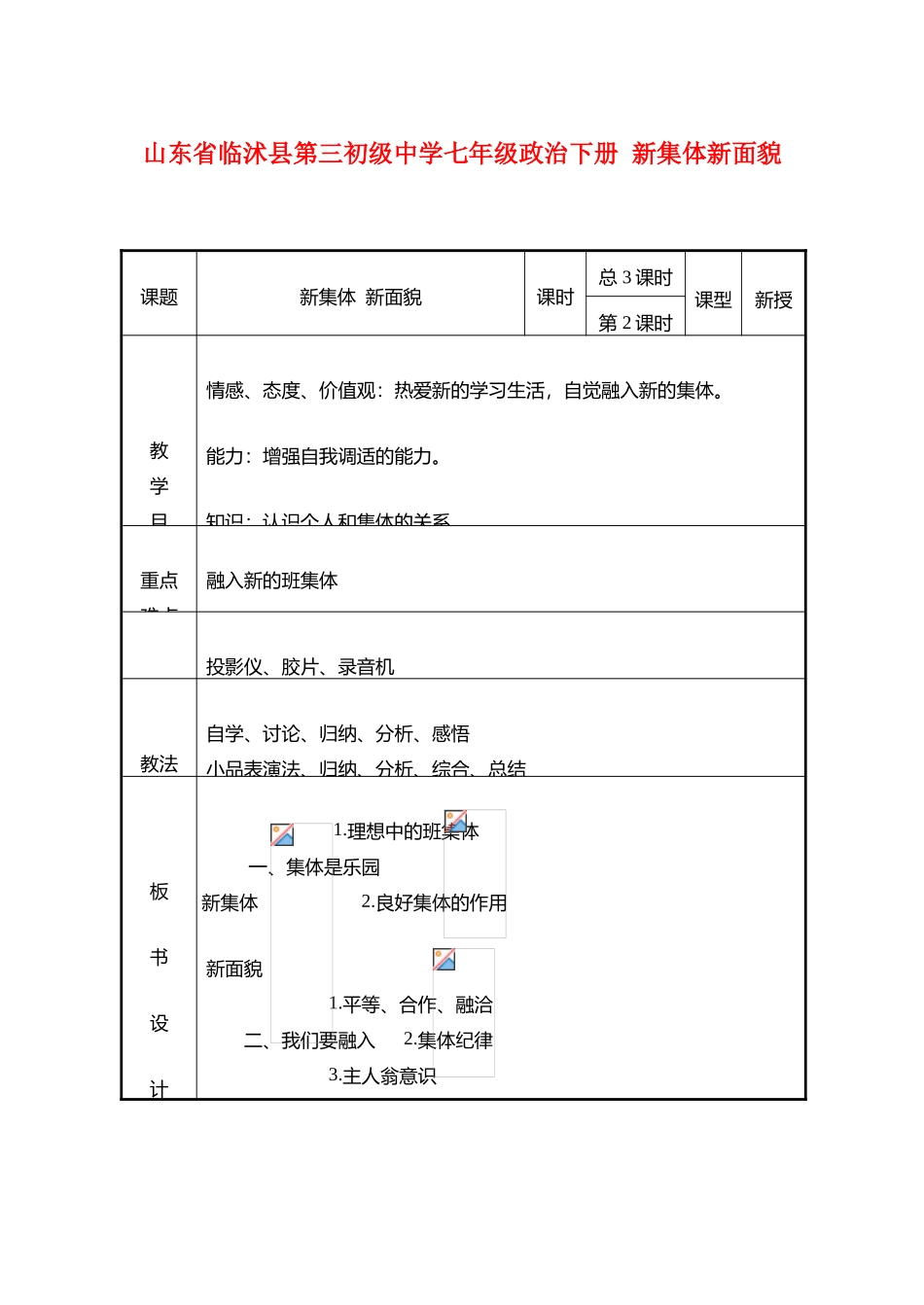 山东省临沭县第三初级中学七年级政治下册 新集体新面貌教学设计_第1页
