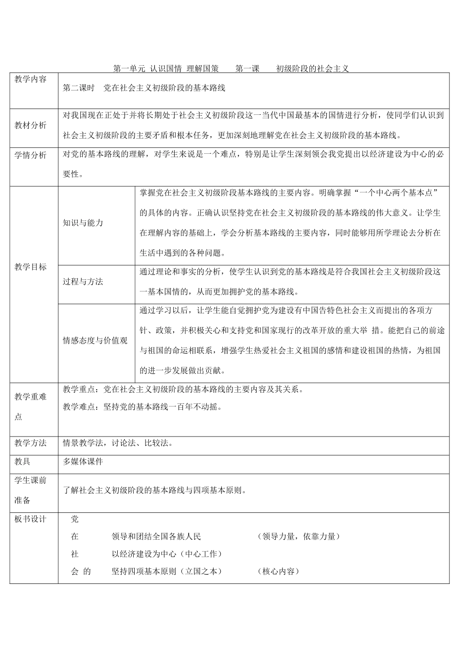 九年级政治 1.1初级阶段的社会主义第二课时教学设计 粤教版教材_第1页