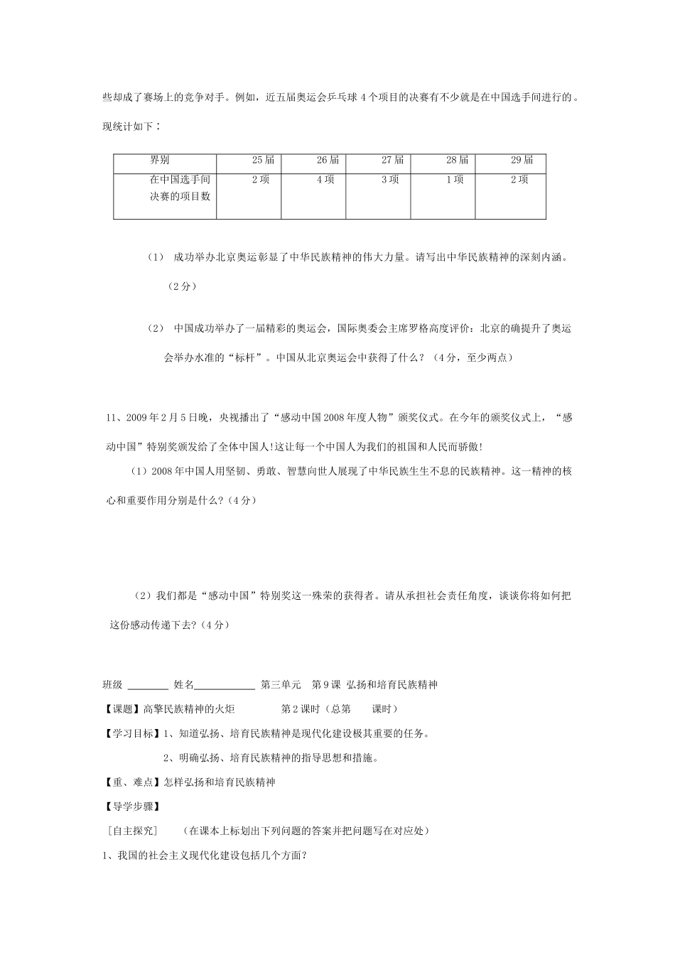 九年级下政治第9课 弘扬和培育民族精神 教学设计鲁教版教材_第3页