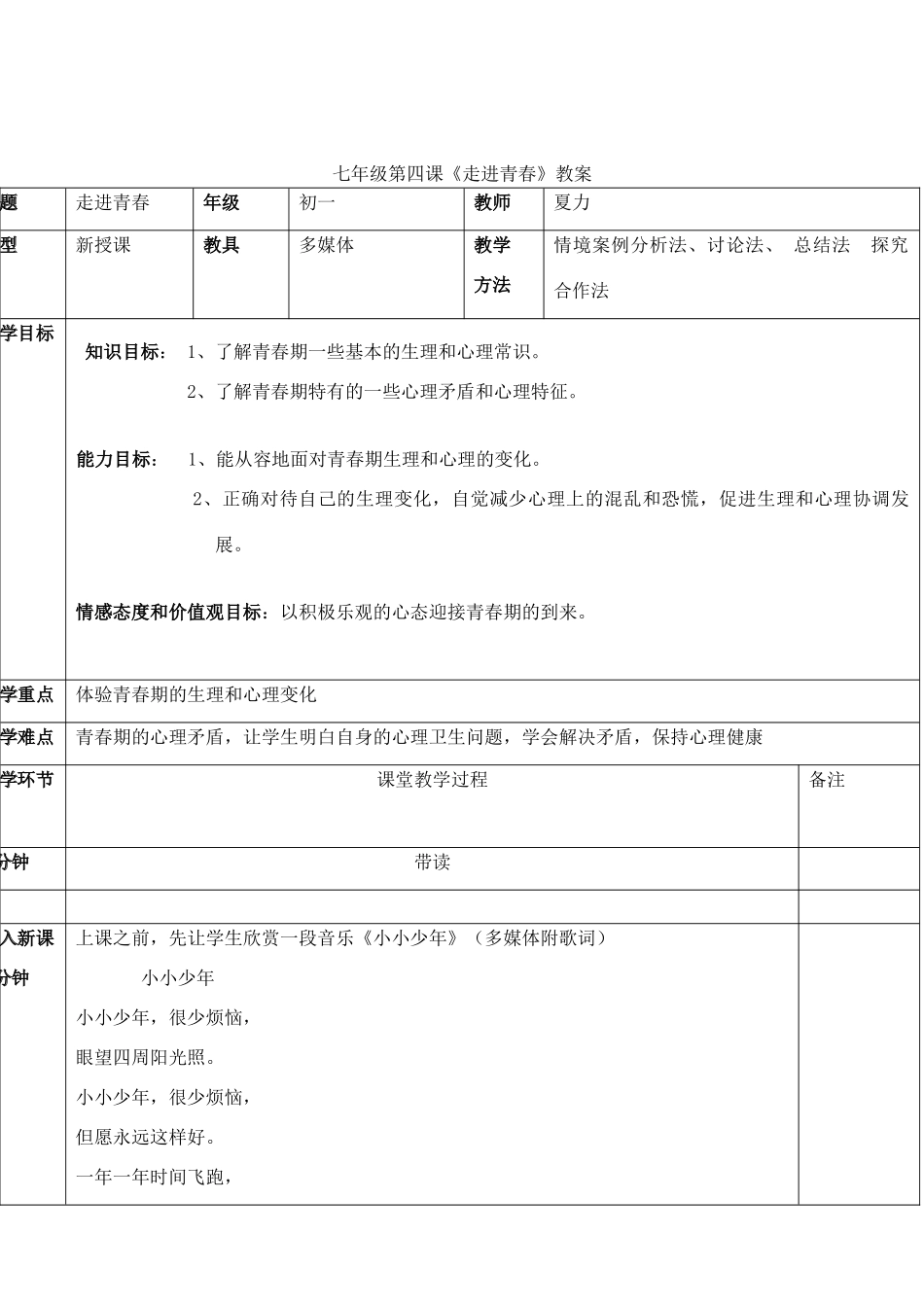 七年级政治4.1　走进青春　　教学设计1人教版教材_第1页