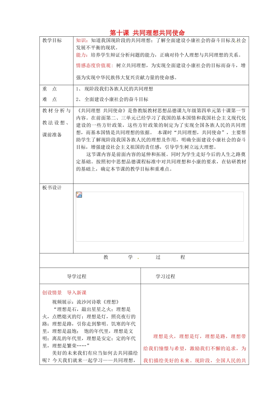 山东省临沂市蒙阴县第四中学九年级政治全册 第十课 共同理想共同使命教学设计 鲁教版教材_第1页