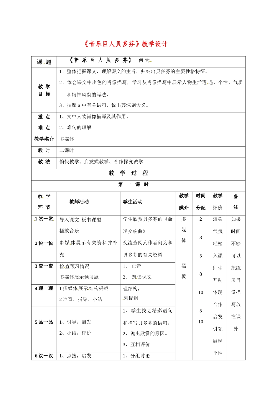 七年级语文下册《音乐巨人贝多芬》教学设计1人教版教材_第1页