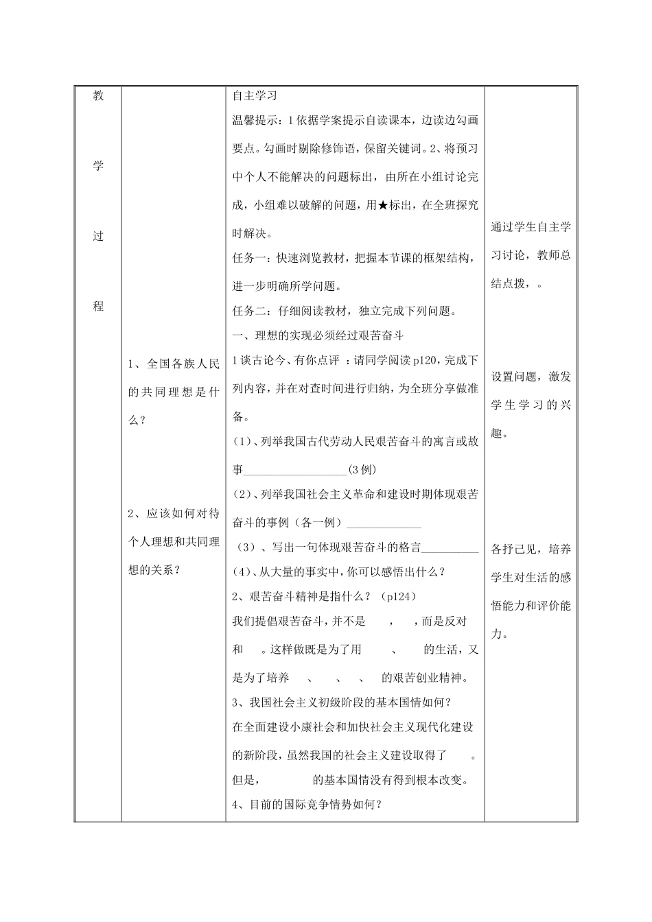 九年级政治全册 第四单元 我们的未来不是梦 第10课 共同描绘美好未来 第二框 奋斗成就未来教学设计 鲁教版教材-鲁教版教材初中九年级全册政治教学设计_第3页