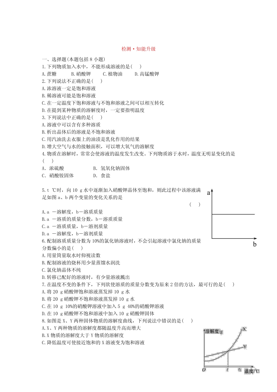 初三化学单元检测试题9单元《溶液》(附答案) _第1页