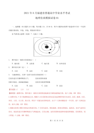 2021年6月福建省普通高中学业水平考试地理仿真模拟试卷01(解析版)