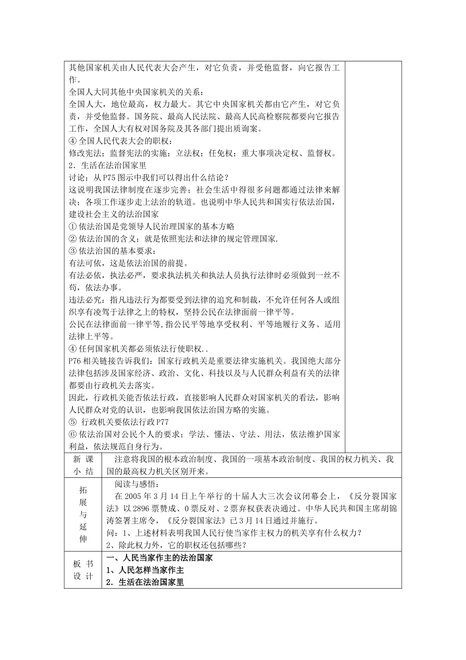 九年级政治全册 6.1 人民当家作主的法治国家教学设计 新人教版教材_第2页
