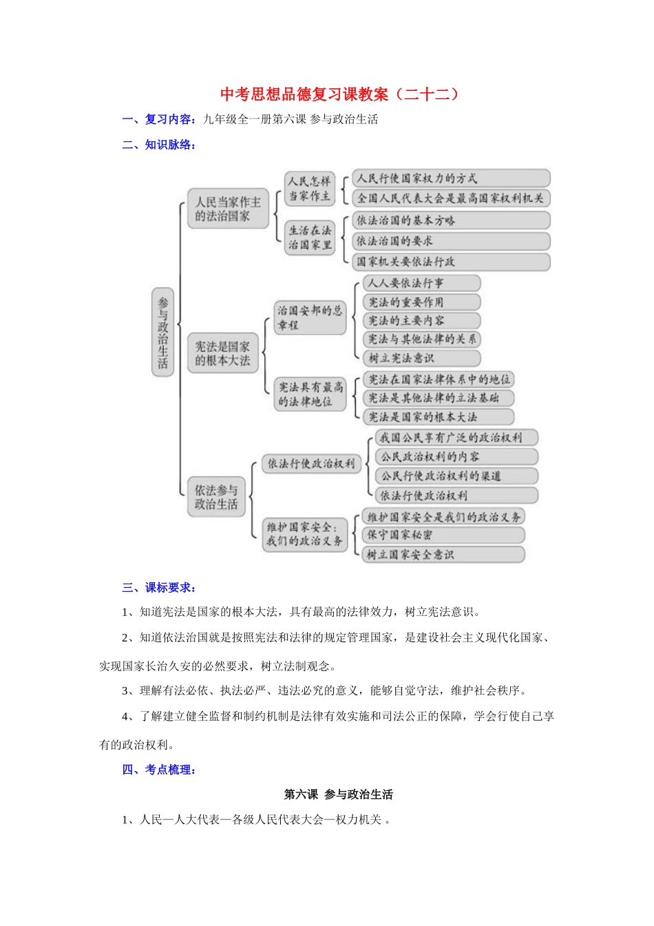 九年级政治全一册第六课 参与政治生活复习教学设计_第1页
