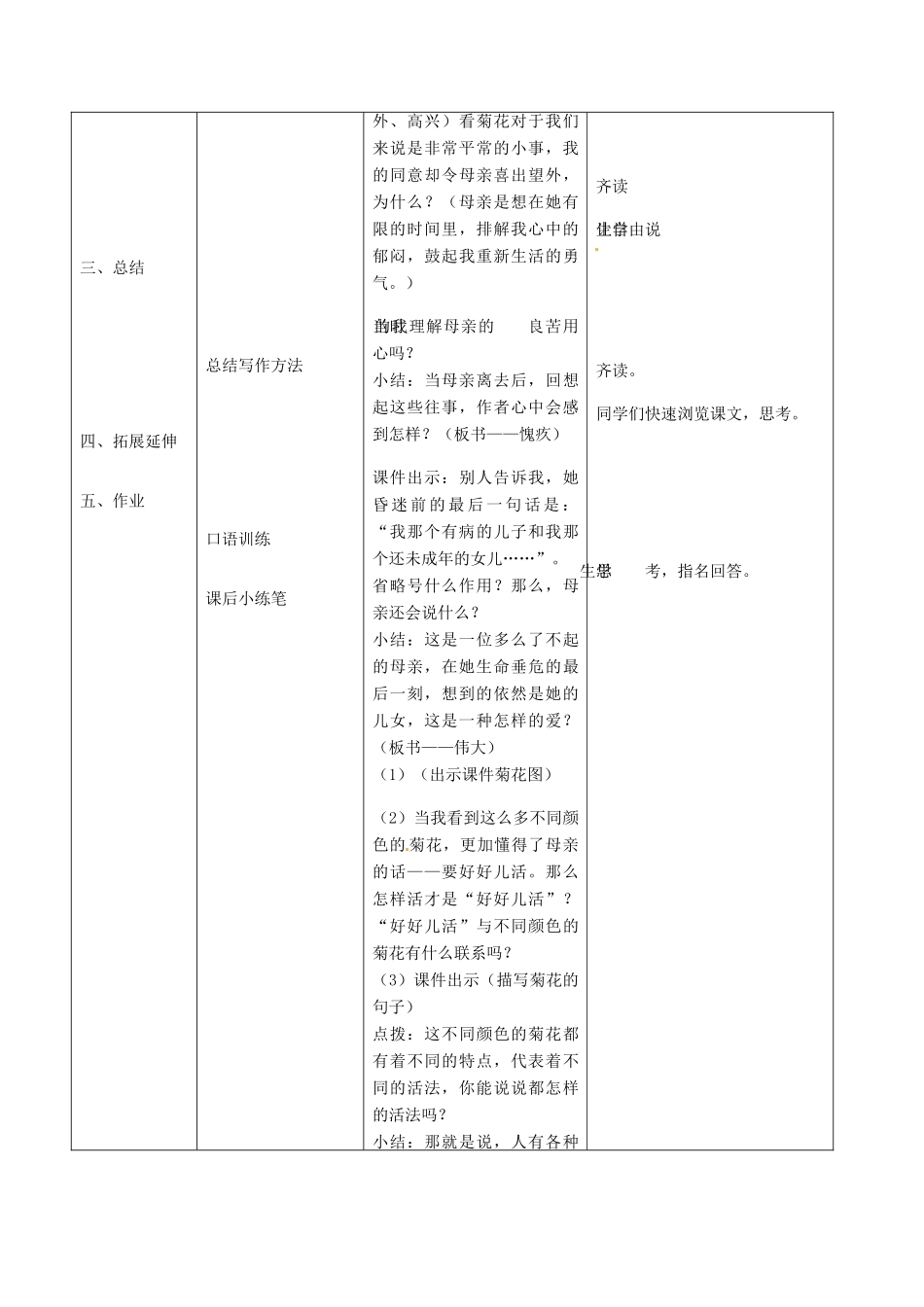 天津市宝坻区马家店镇初级中学七年级语文上册 2 秋天的怀念（第二课时）教学设计 （新版教材）新人教版教材_第3页