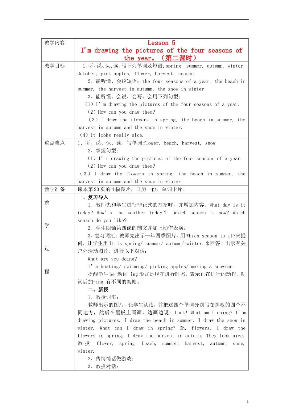 五年级英语上册 Lesson 5 I'm drawing the pictures of the four seasons of the year（2） 陕旅版_第1页