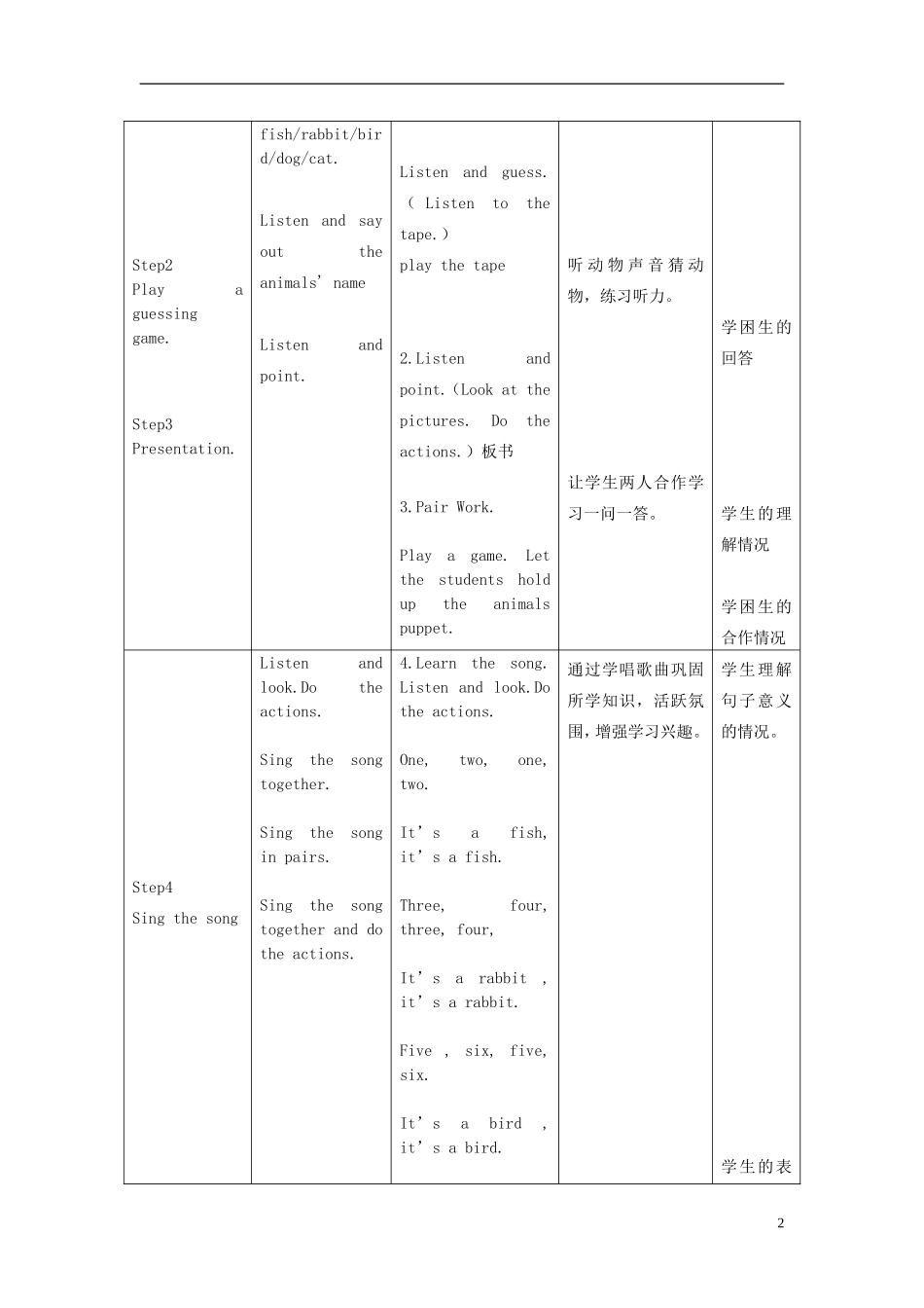 一年级英语下册 Unit7 Animals 第二课时教案 北师大版_第2页