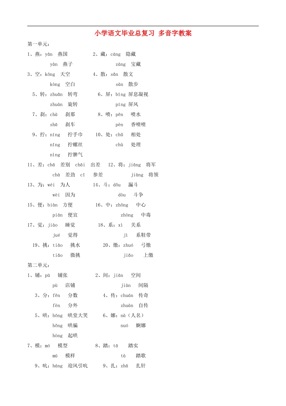 小学语文毕业总复习 多音字教案_第1页