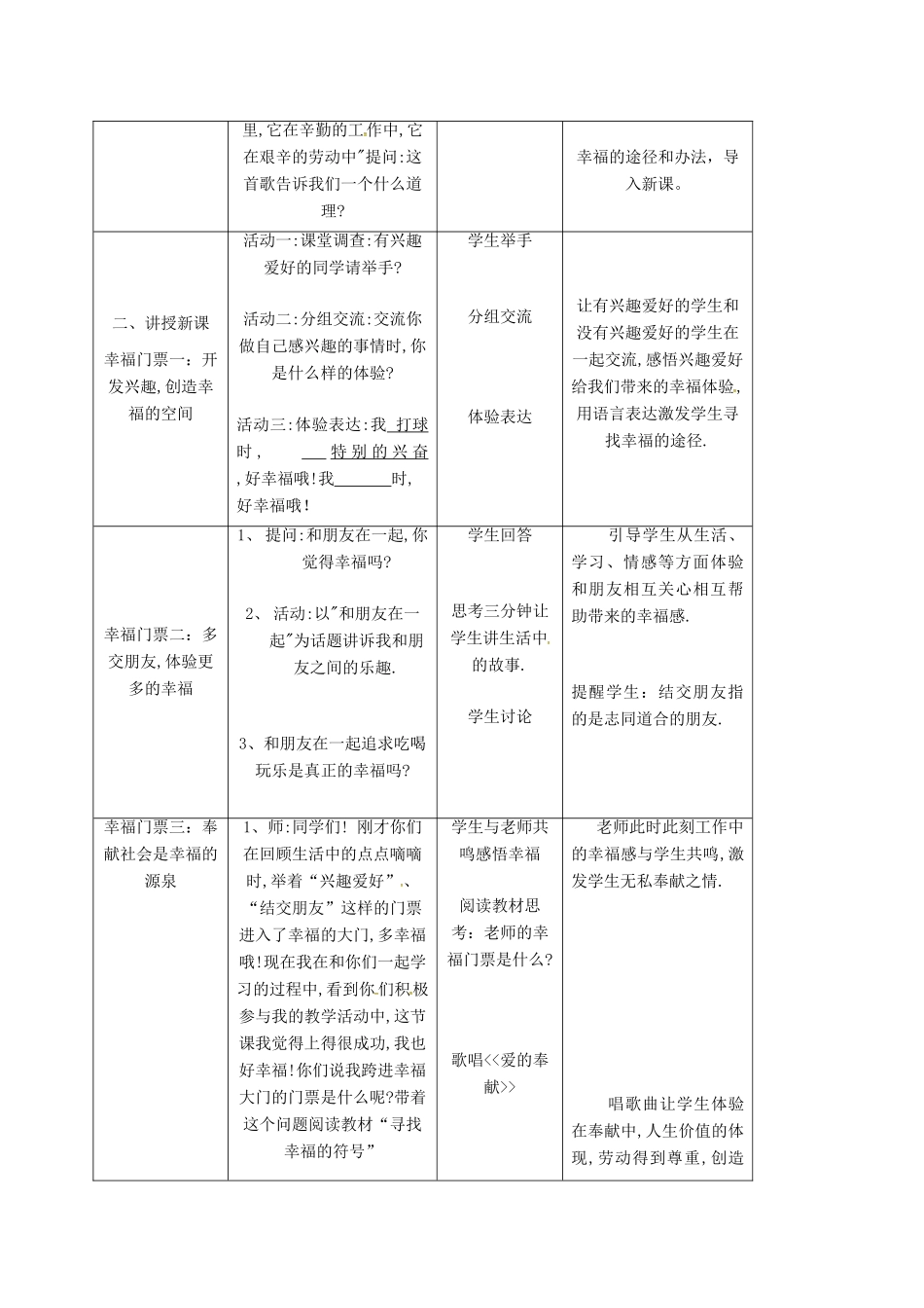 九年级政治全册 第四单元 从这里出发 第10课 幸福的味道 幸福门票教学设计 人民版教材-人民版教材初中九年级全册政治教学设计_第2页