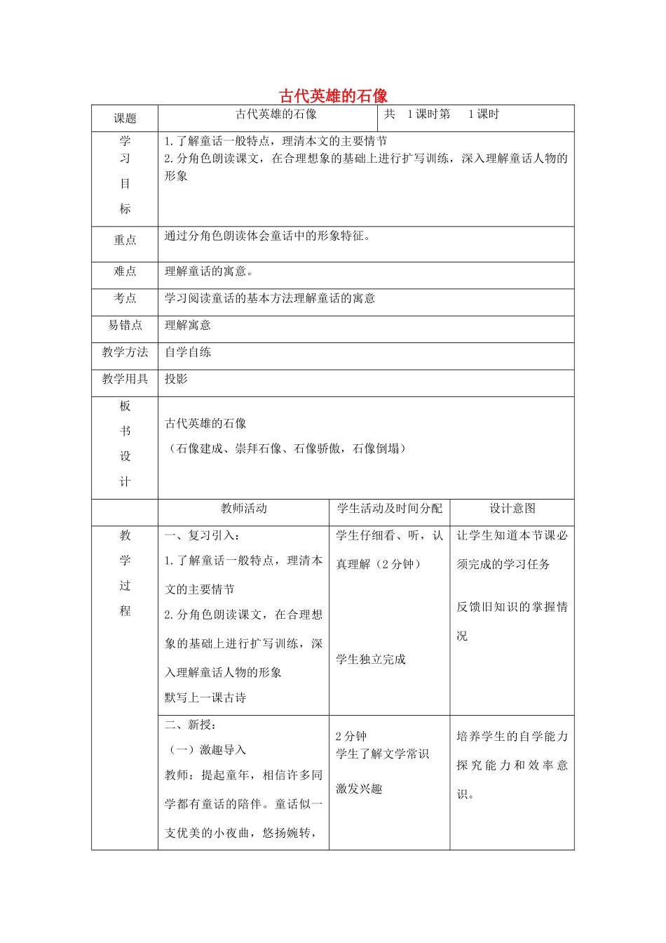 七年级语文上册 第17课《古代英雄的石像》教学设计 北京课改版教材-北京课改版教材初中七年级上册语文教学设计_第1页