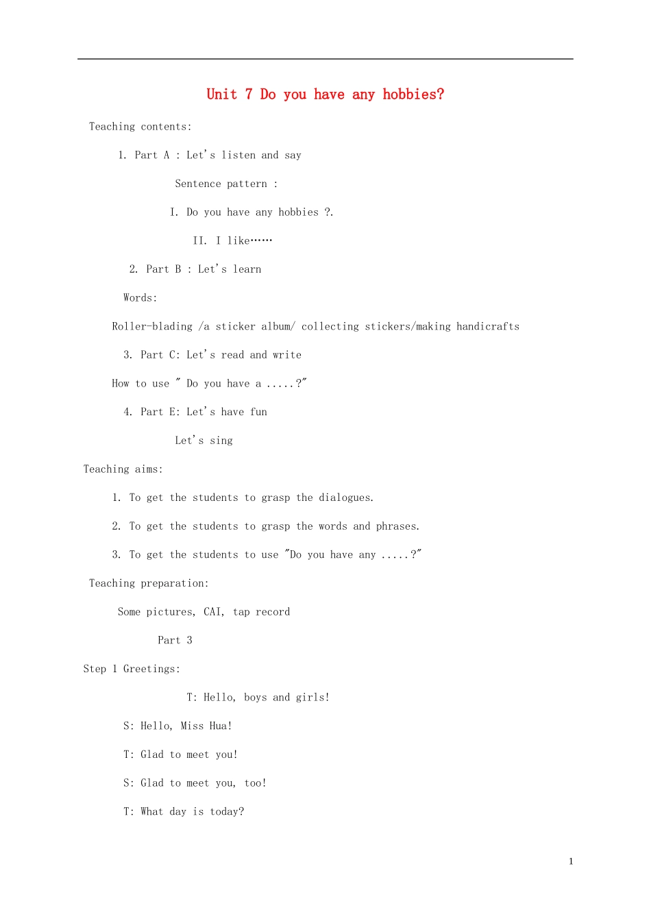 五年级英语上册 Unit 7(3)教案 湘少版_第1页