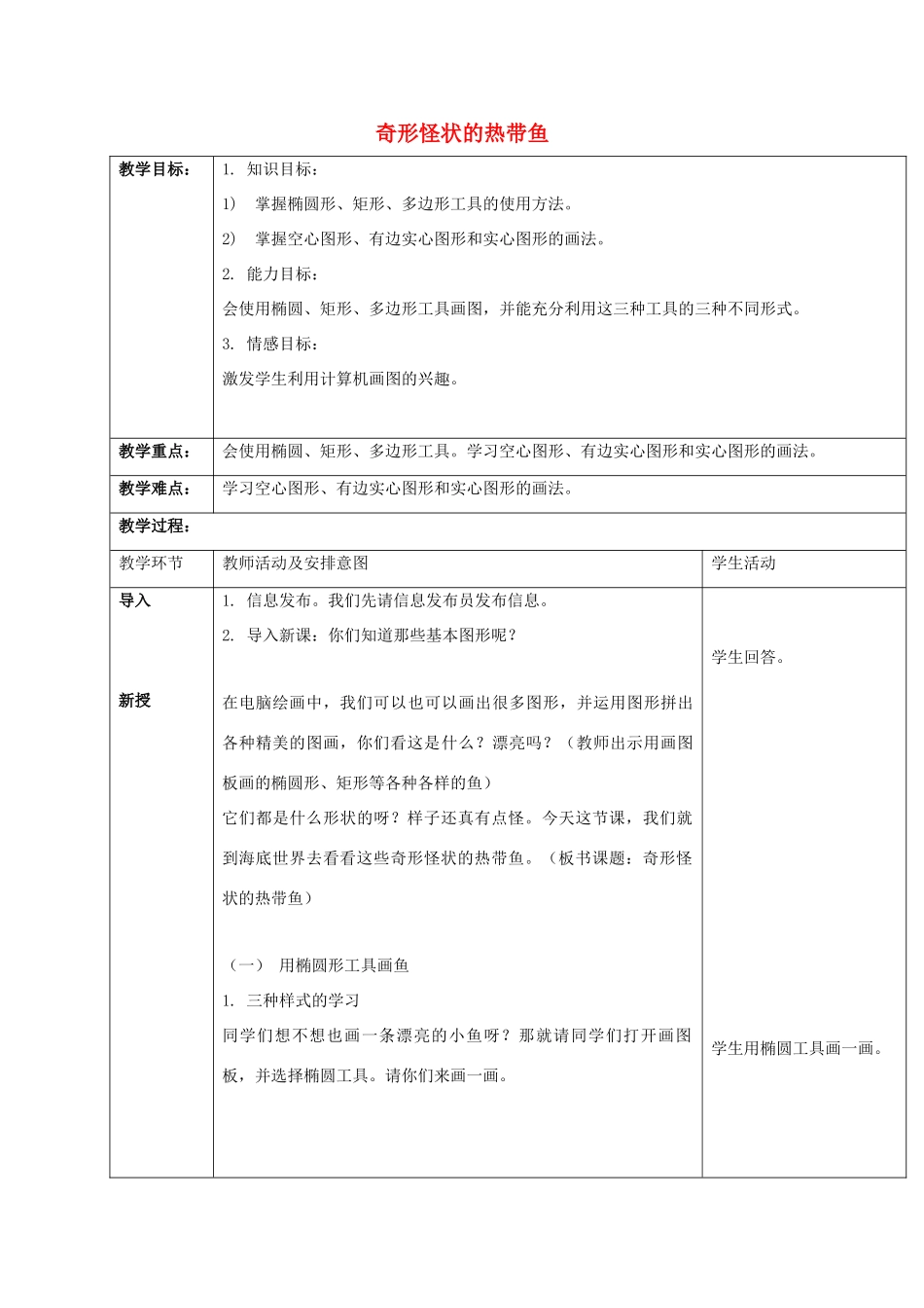 一年级信息技术上册 奇形怪状的热带鱼 2教案 清华版_第1页