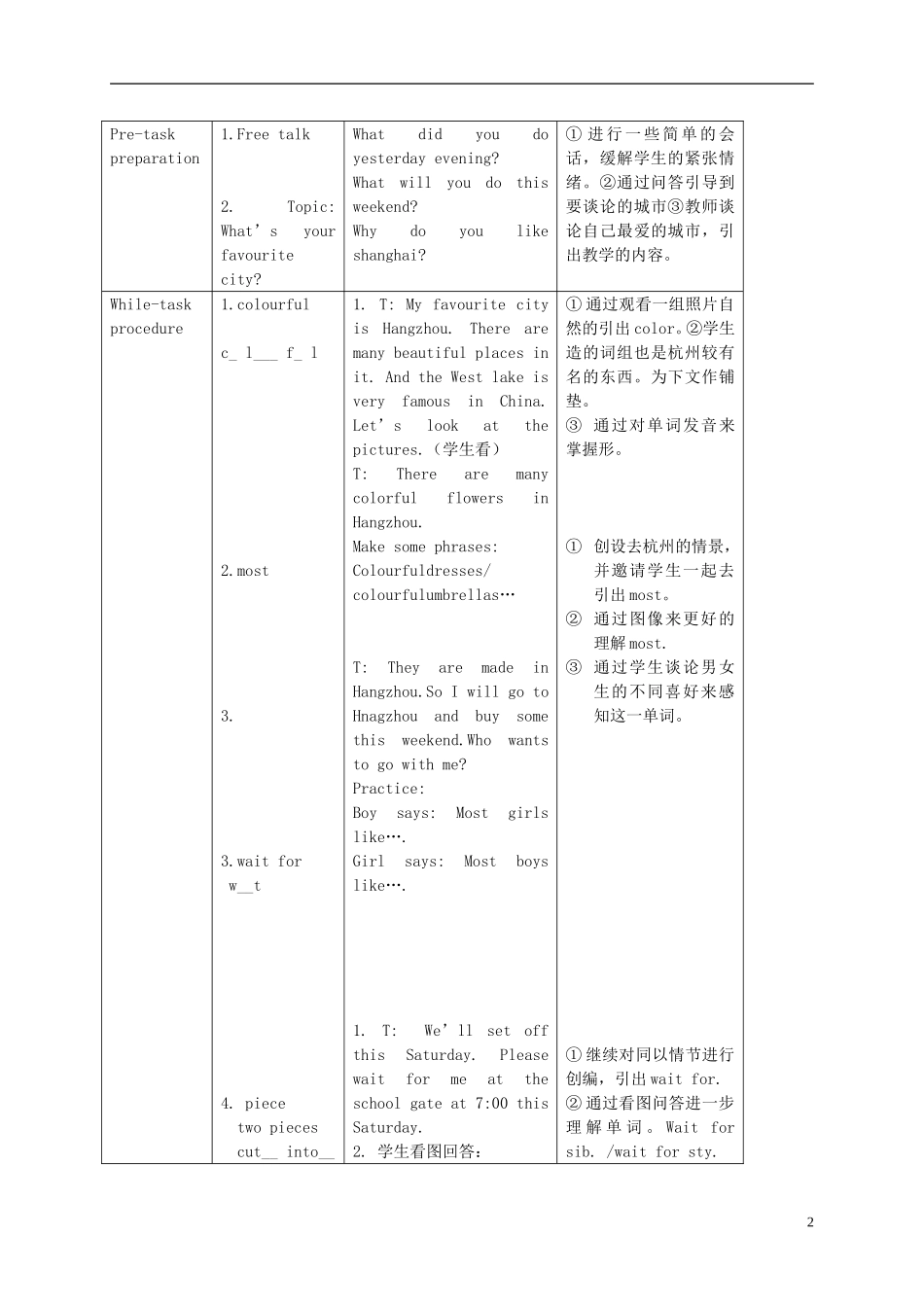 五年级英语下册 Unit 7 Waiting for another Weekend教案 新世纪版_第2页