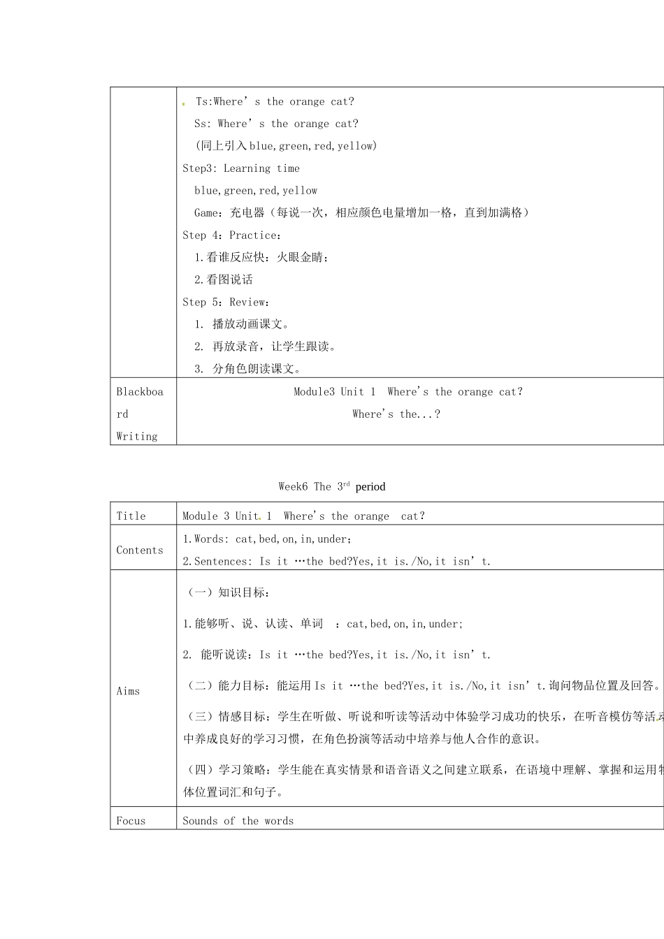一年级英语下册 Module 3 unit 1 Where's the orange cat教案 外研版（一起）-外研版小学一年级下册英语教案_第3页