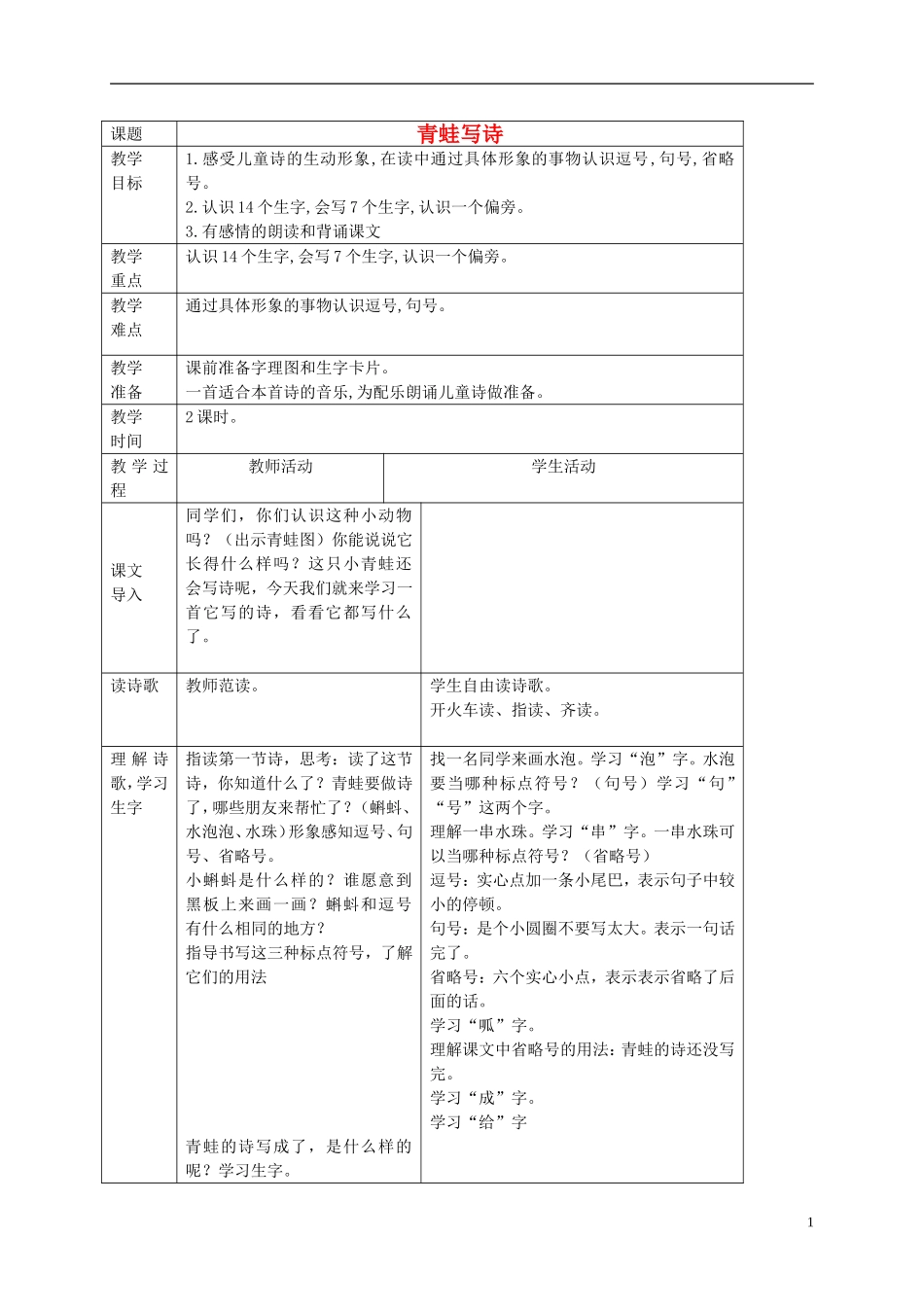一年级语文下册 青蛙写诗 3教案 长春版_第1页