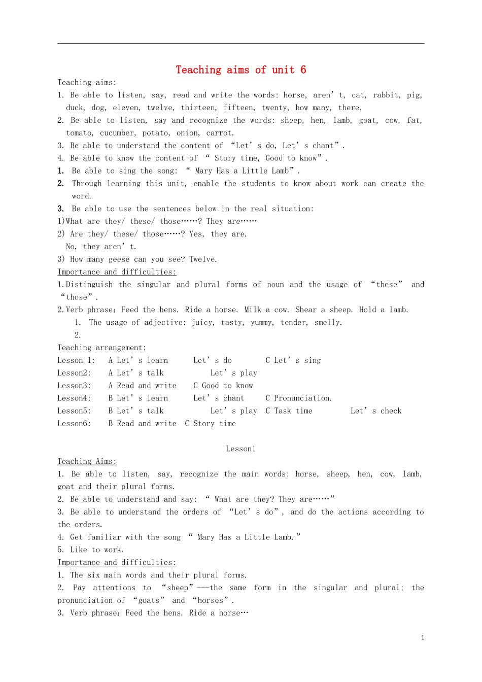 四年级英语下册 unit6 lesson1教案 人教pep_第1页