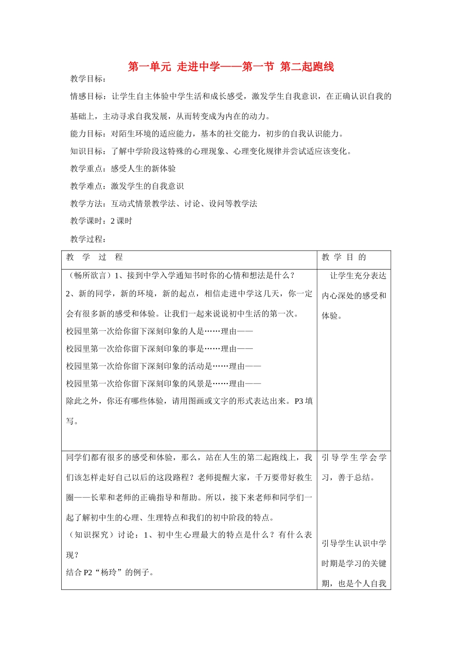 七年级政治上册 第一单元  走进中学-第一节  第二起跑线教学设计 湘师版教材_第1页