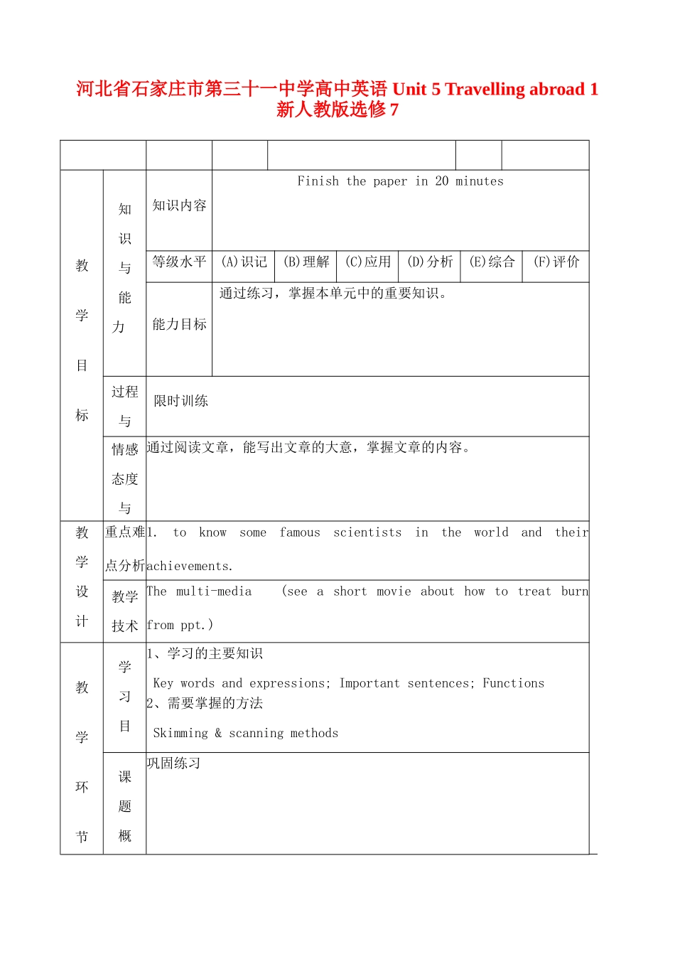 河北省石家庄市第三十一中学高中英语 Unit 5 Travelling abroad 1 新人教版选修7_第1页